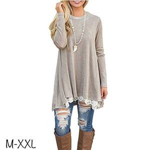 Khaki Tan Oatmeal Long Sleeve Tunic White Lace Hem